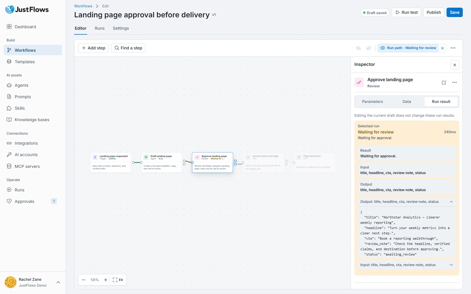 JustFlows workflow builder showing the Approve Landing Page review step before an FTP upload