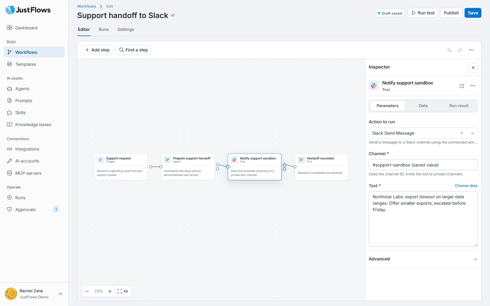 JustFlows workflow builder showing a Tool node configured with a workspace integration