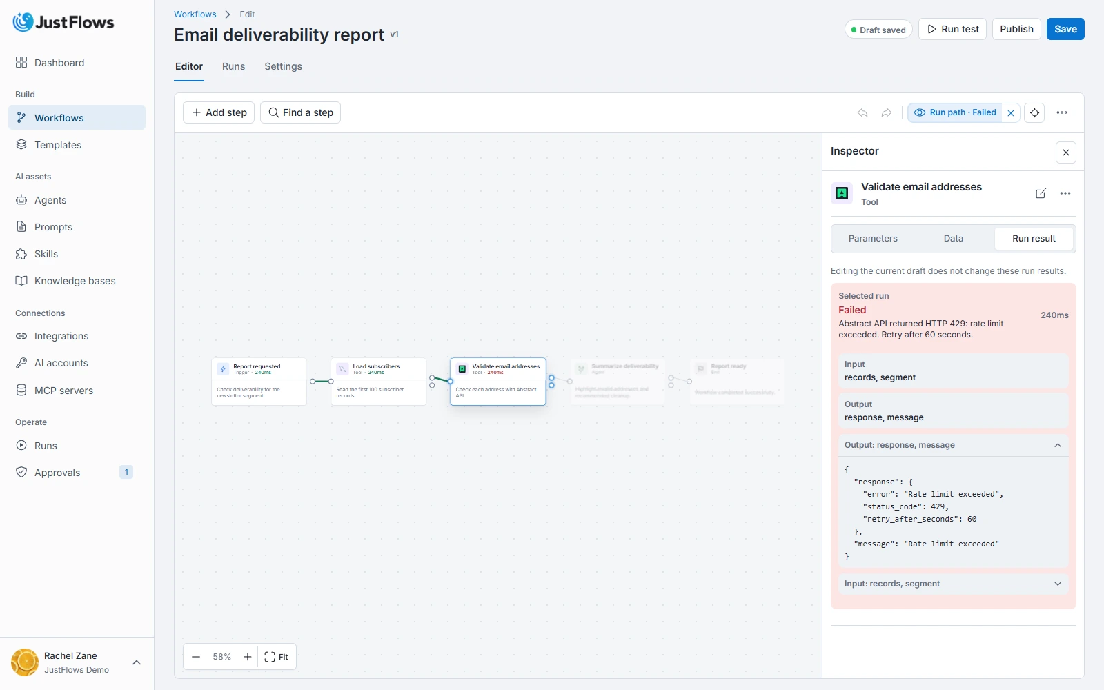Inspecting failed workflow step details in JustFlows JustFlows failed step details showing runtime information and workflow context for debugging