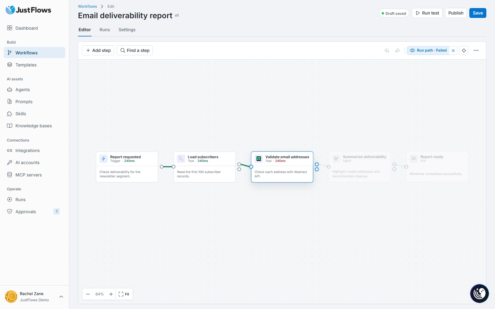 Failed workflow run in JustFlows JustFlows failed workflow showing the email-validation step where execution stopped