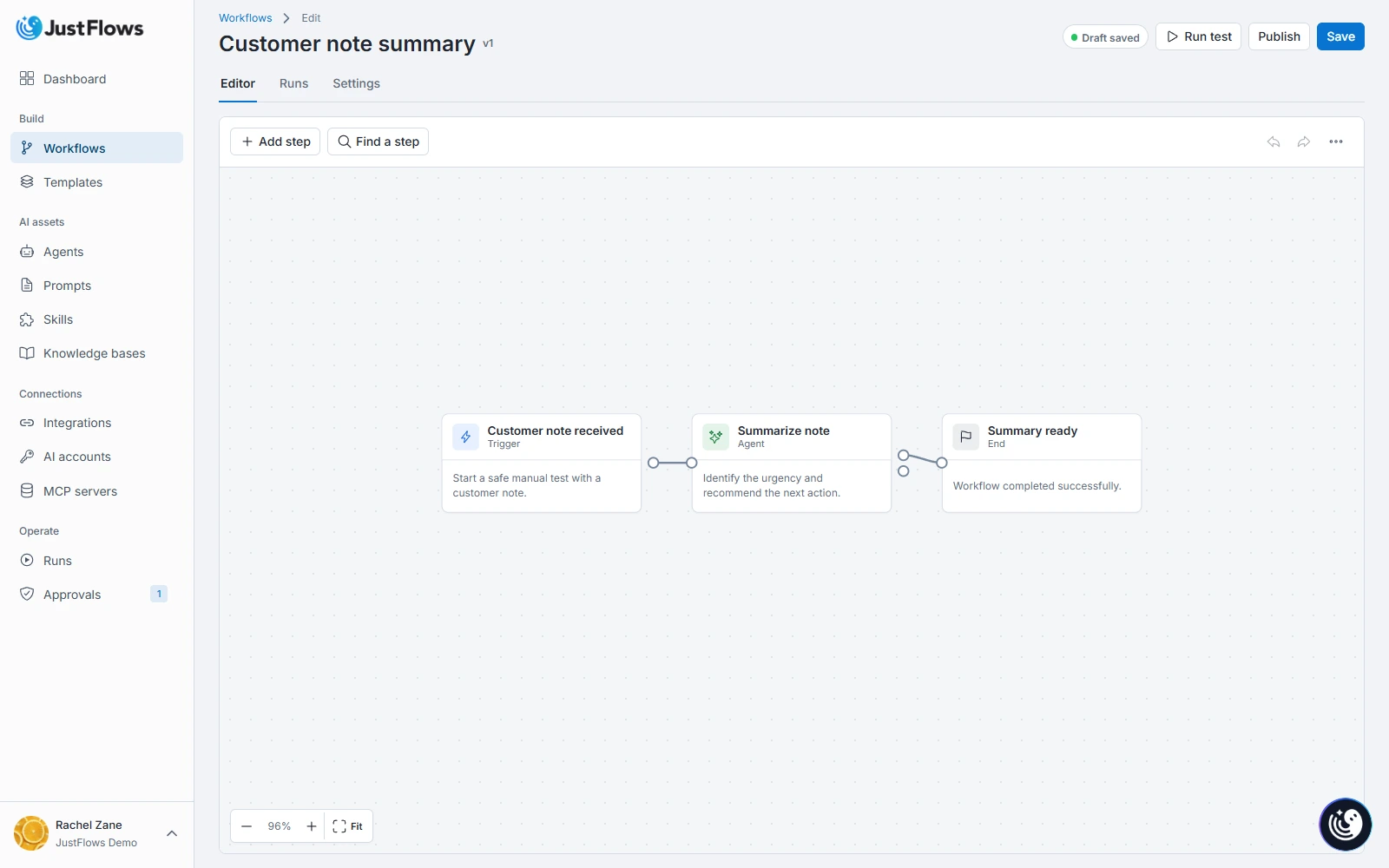 First AI workflow in the JustFlows builder JustFlows workflow builder showing a manual trigger, AI agent, and summary end node connected in a first workflow