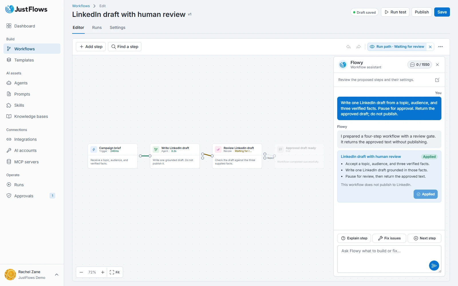 JustFlows workflow canvas after applying a Flowy AI workflow proposal