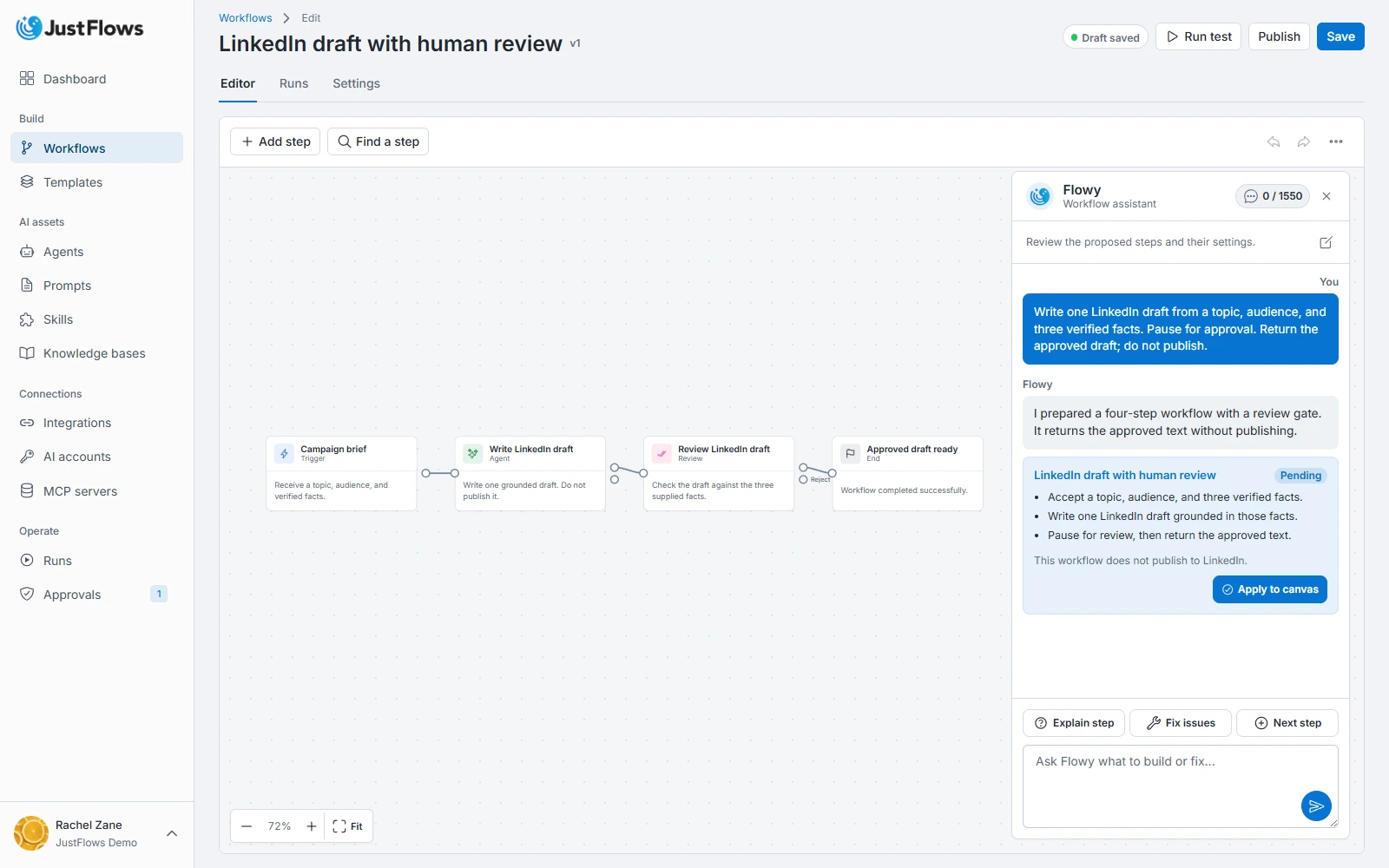 Flowy assistant in JustFlows presenting an AI-generated workflow proposal beside the workflow canvas