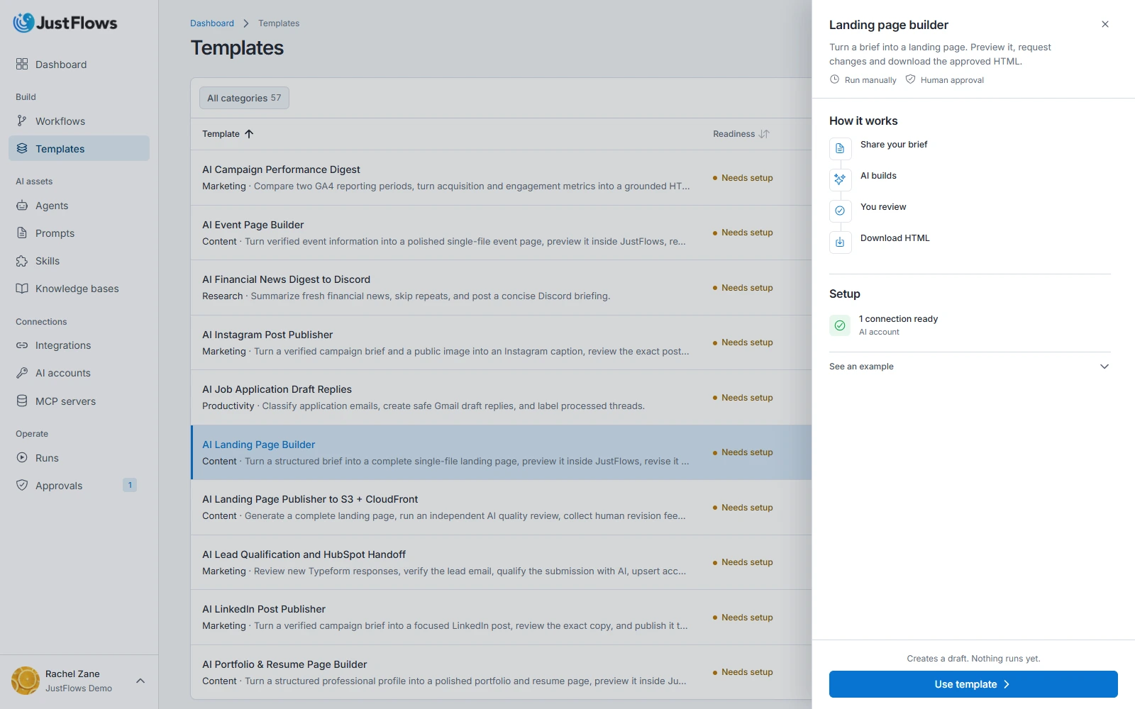 Template launch readiness in JustFlows JustFlows landing page template showing its steps, AI account readiness, and Use template action