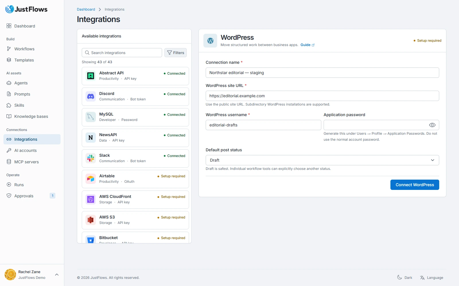 JustFlows WordPress integration configured with a site connection and Draft as the default post status