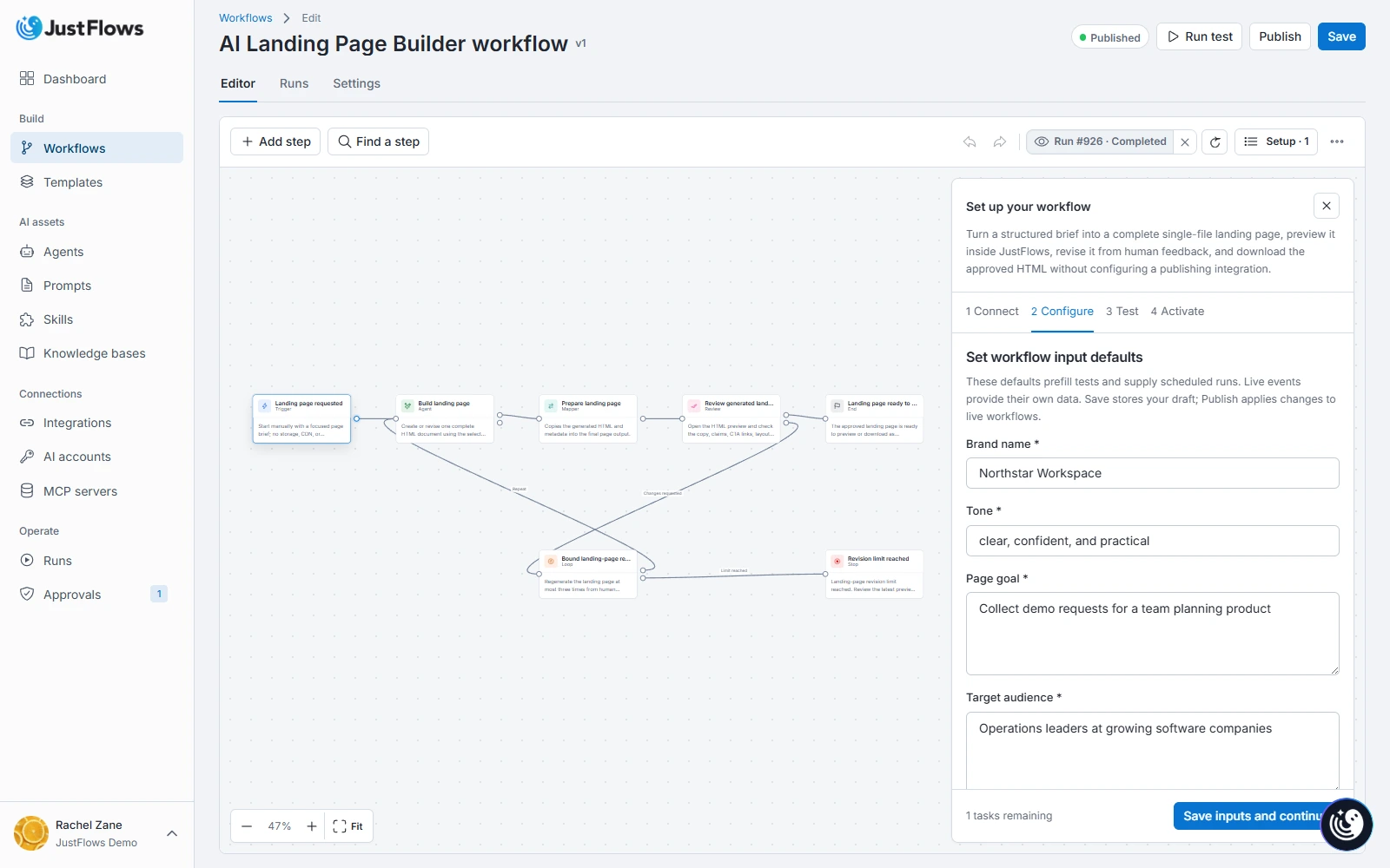 Workflow launch checklist in JustFlows JustFlows workflow setup panel showing input defaults and the Connect, Configure, Test, and Activate stages