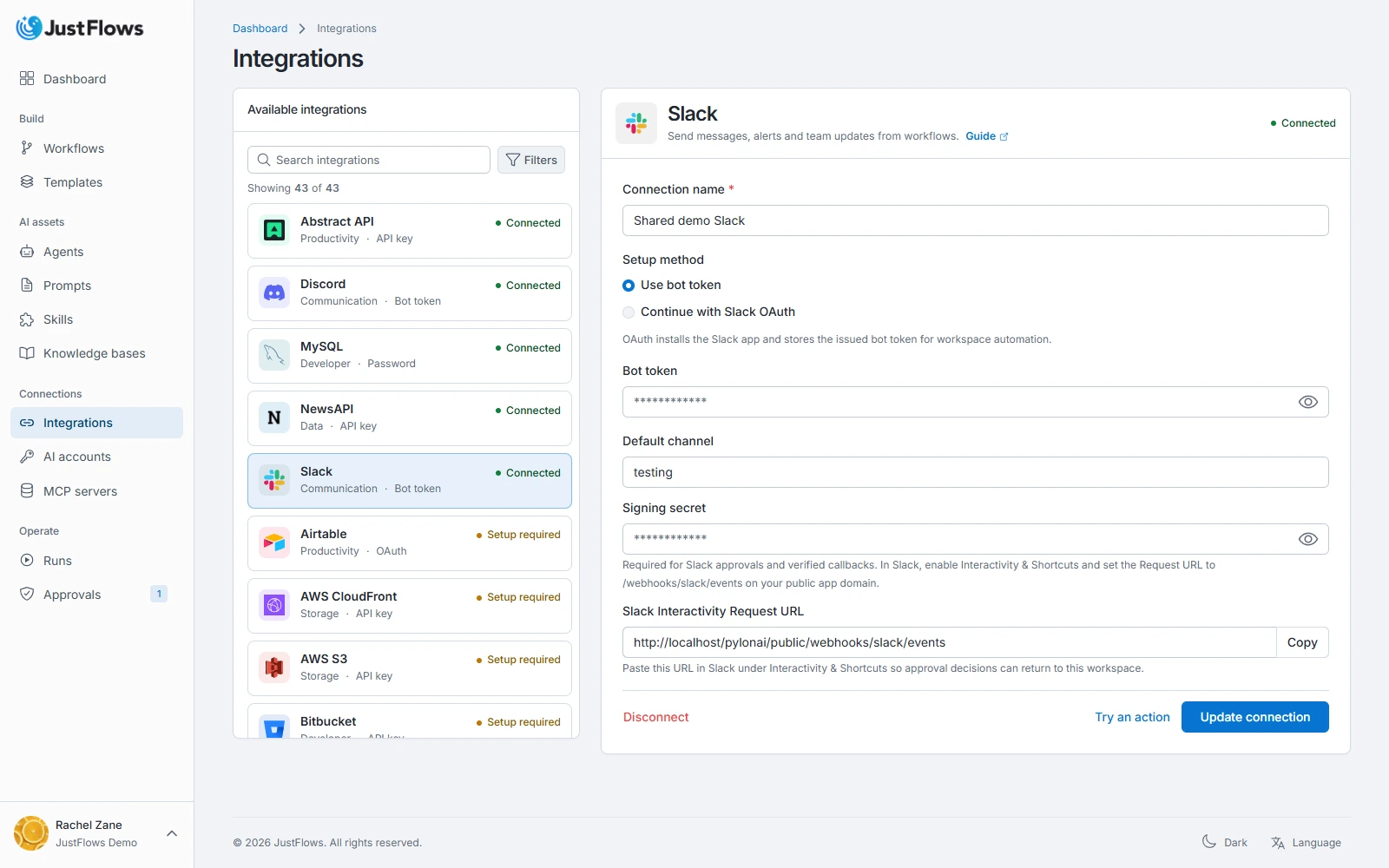 JustFlows workspace integrations page for connecting and managing external apps
